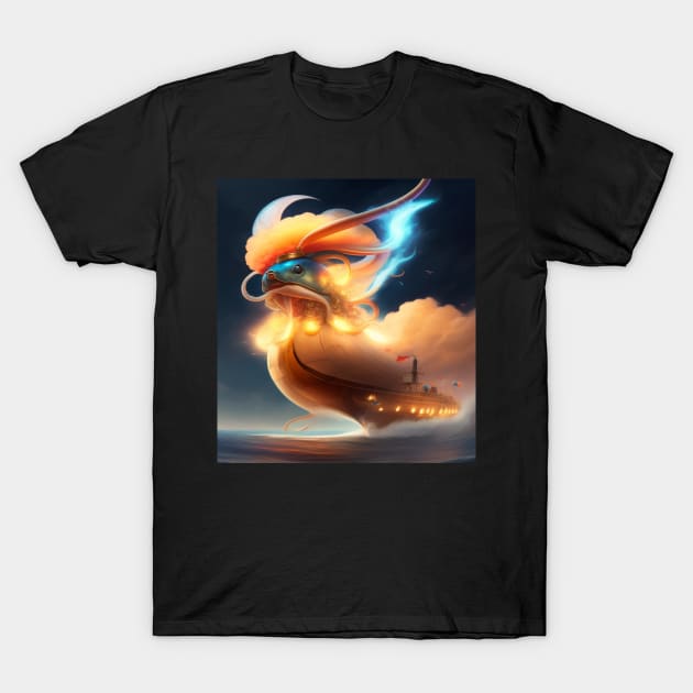 Clash of Titans: The Giant Squid's Ship Assault" T-Shirt by Khamar